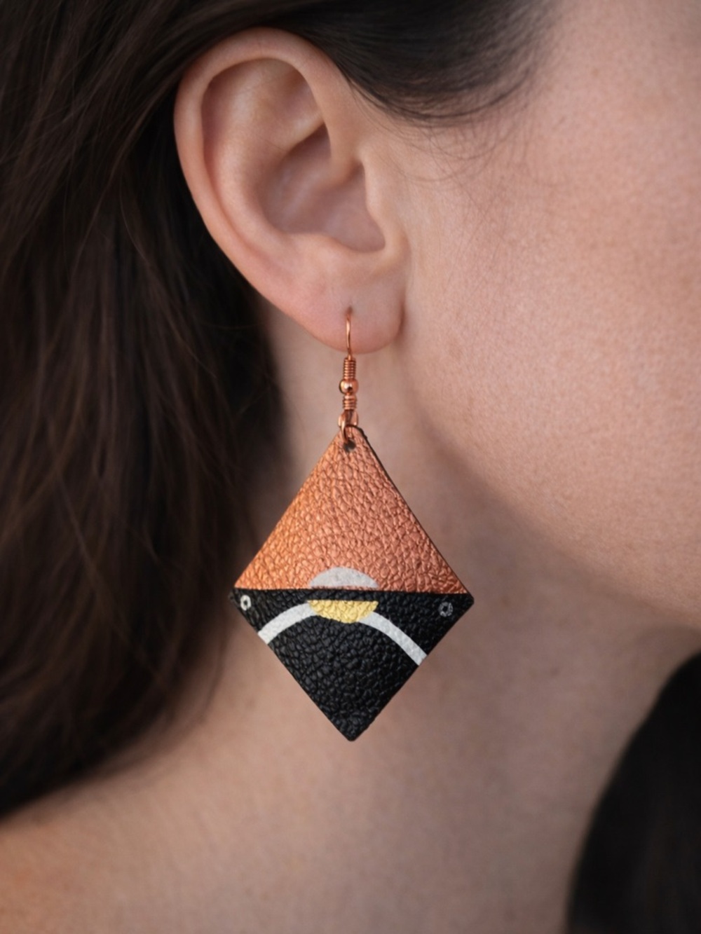Handmade Brown and Black Geometric Leather Drop Earrings - NWOT